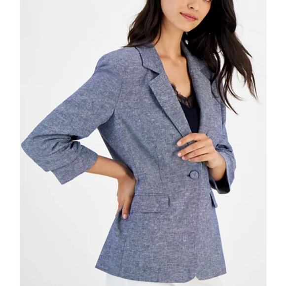 T Tahari Women's Ruched-Sleeve Blazer Dark Navy Size 4 - Picture 3 of 4